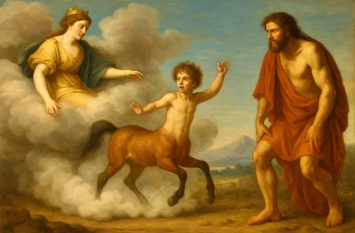 Nephele’nin bulutların arasından Kentauros’u doğurduğu sahneyi gösteren klasik tablo; sol tarafta taçlı Nephele, ortada yarı insan yarı at çocuk (Kentauros) ve sağda İksion görülüyor.